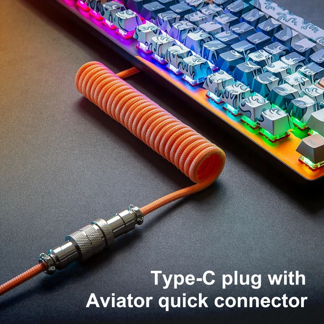 Alt view image 4 of 5 - GUNMJO Pro Custom Premium Coiled USB C Cable for Gaming Keyboard, Double-Sleeved Mechanical Keyboard Cable with Detachable Metal Aviator, 1.5M USB-C to USB-A, Brilliant Orange Color