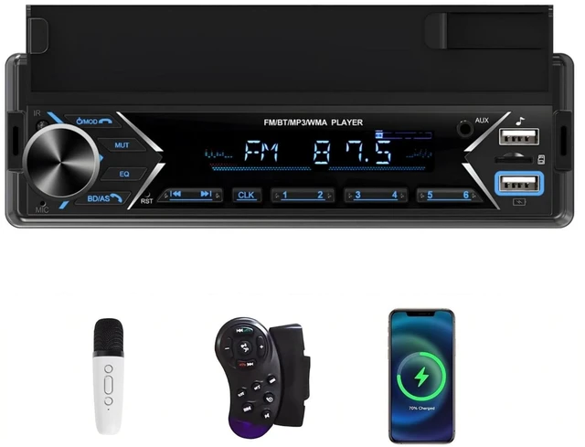 Main image of Single DIN Car Stereo Bluetooth Car Radio with FM/MP3/AUX Dual USB SWC Colorful Lights Phone Holder & Wireless MIC