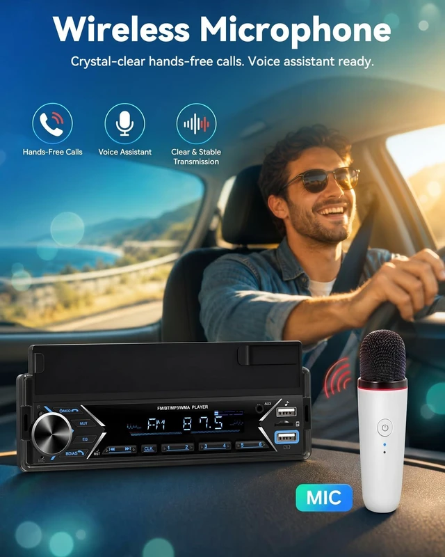 Alt view image 3 of 5 - Single DIN Car Stereo Bluetooth Car Radio with FM/MP3/AUX Dual USB SWC Colorful Lights Phone Holder & Wireless MIC