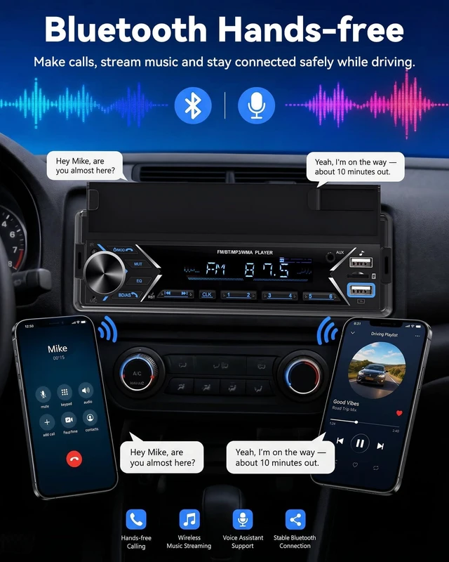 Alt view image 2 of 5 - Single DIN Car Stereo Bluetooth Car Radio with FM/MP3/AUX Dual USB SWC Colorful Lights Phone Holder & Wireless MIC