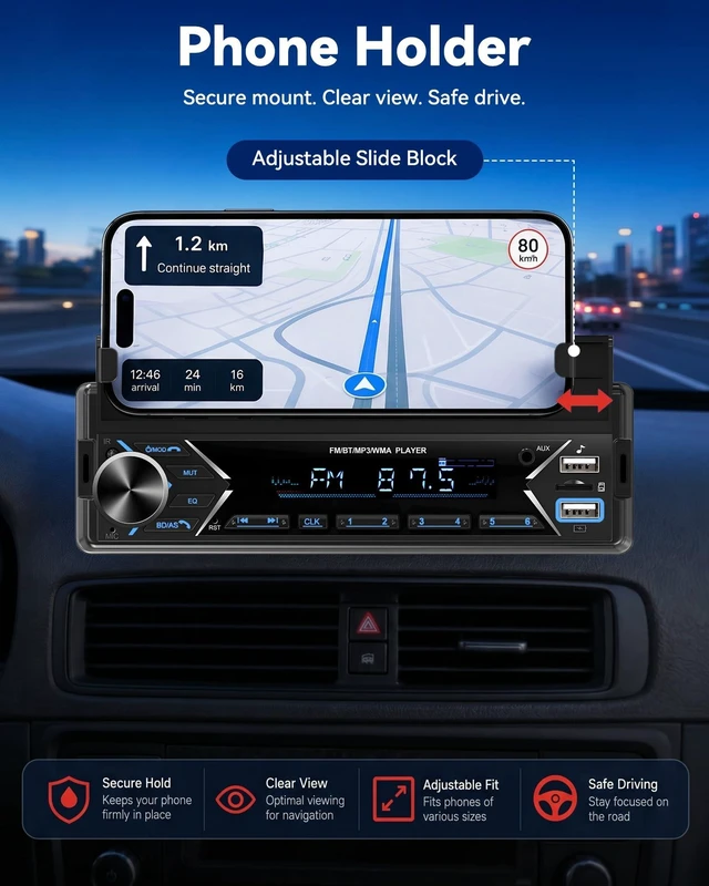 Alt view image 4 of 5 - Single DIN Car Stereo Bluetooth Car Radio with FM/MP3/AUX Dual USB SWC Colorful Lights Phone Holder & Wireless MIC