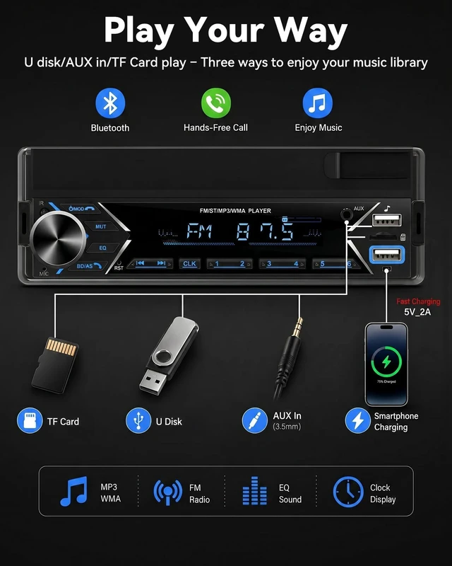 Alt view image 5 of 5 - Single DIN Car Stereo Bluetooth Car Radio with FM/MP3/AUX Dual USB SWC Colorful Lights Phone Holder & Wireless MIC