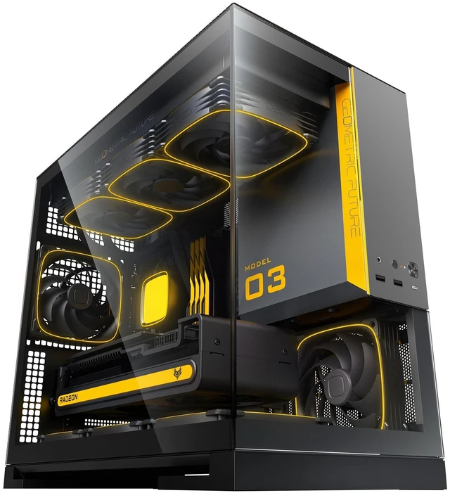 Main image of Geometric Future Model 3 Panoramic Tempered Glass Dual Chamber Micro-ATX Tower PC Case, 5 Pre-Installed 120mm x 30mm PWM ARGB Fans, USB Type-C, 360mm Radiator Support, Black/Gray, GEO-M3F-BG