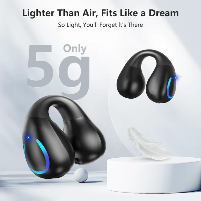 Alt view image 4 of 5 - Open Ear Bone Conduction Headphones Bluetooth 5.3 Wireless Clip On Earbuds with Digital Display Charging Case 60 Hours Playtime Sport Earphones Built-in Mic IPX7Waterproof for Running Fitness E