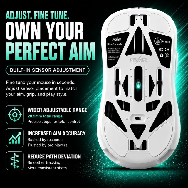 Alt view image 3 of 5 - PWNAGE Ultra Custom Wireless RGB Gaming Mouse - Esports Pro Gamer Flawless Professional PAW3950 Optical Sensor 36,000 DPI -100% PTFE Skates (Symm 3 White 300mAh)