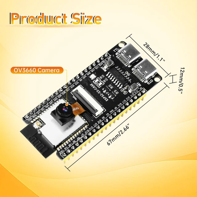 Alt view image 2 of 5 - ESP32-S3-CAM Development Board with OV3660 Camera +Antenna, 16MB Flash 8MB PSRAM ESP32-S3 N16R8 Module with Dual USB-C WiFi BT MCU Microcontroller for IoT, MicroPython,DIY Projects and AI Project