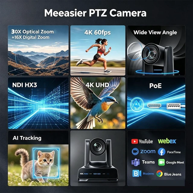 Alt view image 2 of 5 - Meeasier 4K 60fps NDI PTZ Camera 30X Optical Zoom, AI Tracking, Supports Full NDI 4K60fps Output,3G-SDI HDMI USB IP PoE LAN, Ideal for Church Worship,Conference, Education Online Live Streaming