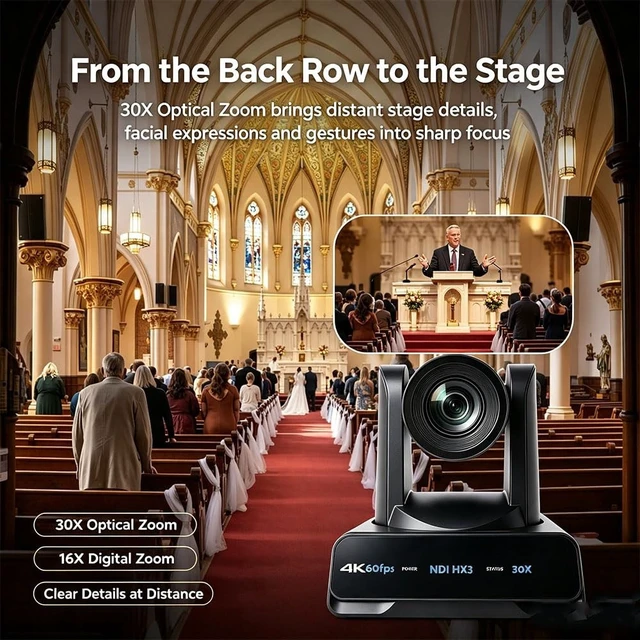 Alt view image 3 of 5 - Meeasier 4K 60fps NDI PTZ Camera 30X Optical Zoom, AI Tracking, Supports Full NDI 4K60fps Output,3G-SDI HDMI USB IP PoE LAN, Ideal for Church Worship,Conference, Education Online Live Streaming