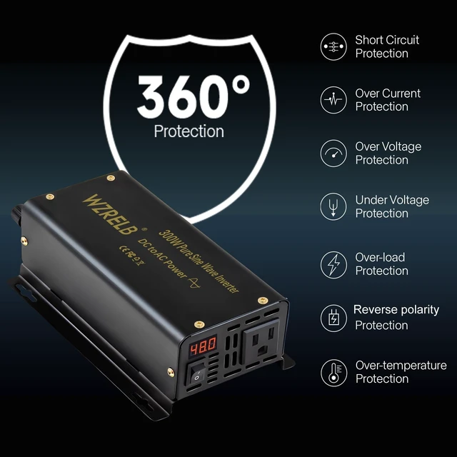 Alt view image 4 of 5 - WZRELB 300W Pure Sine Wave Inverter 600W Peak DC 12V to 110V AC Power Converter Off Grid LED Display with Remote Controller