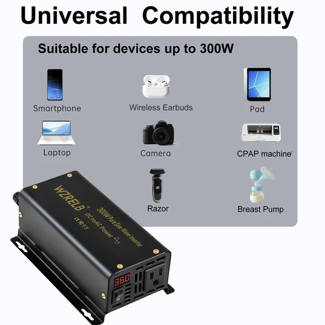 Alt view image 5 of 5 - WZRELB 300W Pure Sine Wave Inverter 600W Peak DC 12V to 110V AC Power Converter Off Grid LED Display with Remote Controller
