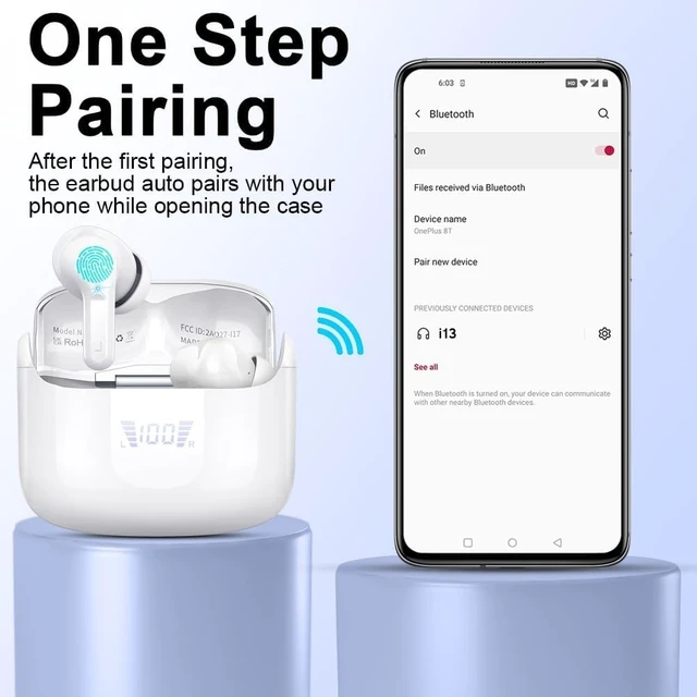 Alt view image 3 of 5 - Wireless Earbuds, Bluetooth 5.4 Headphones 2026 NEW Ear Buds 40H Bass Stereo in-Ear Earphones ENC Noise Cancelling Earbuds with 4 HD Mic, USB-C LED Display IP7 Waterproof Sport Headset for Andr