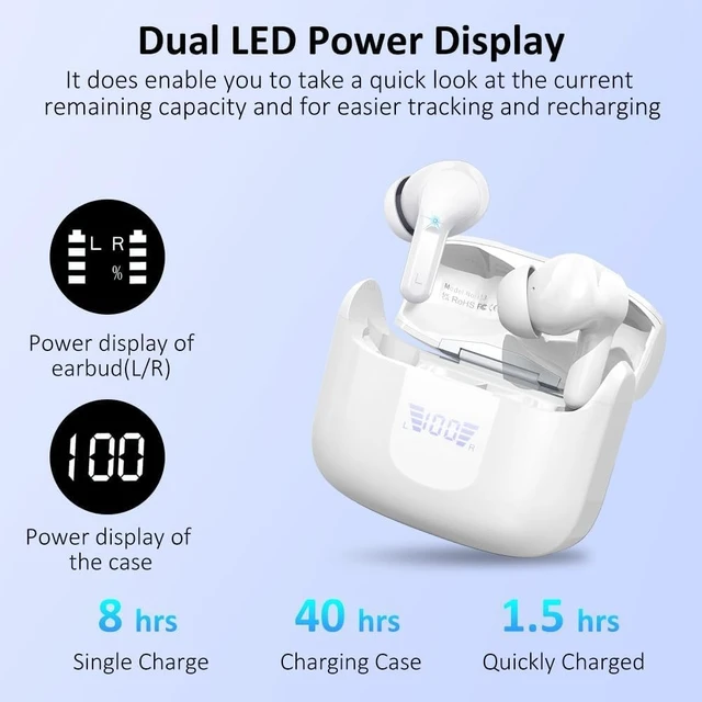 Alt view image 5 of 5 - Wireless Earbuds, Bluetooth 5.4 Headphones 2026 NEW Ear Buds 40H Bass Stereo in-Ear Earphones ENC Noise Cancelling Earbuds with 4 HD Mic, USB-C LED Display IP7 Waterproof Sport Headset for Andr