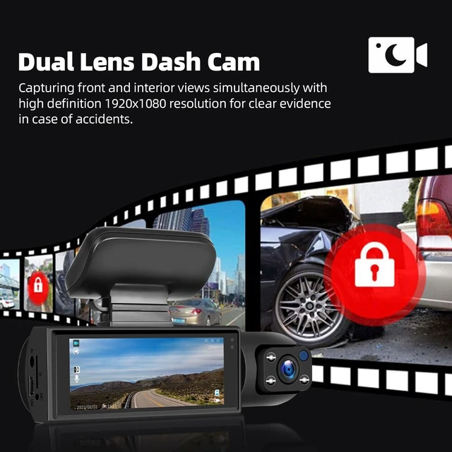 Alt view image 2 of 5 - Dual Dash Cam Front and Inside, 1080P HD Car Camera with 3.16 Inch Screen, 170 Degree Wide Angle Night Vision, Loop Recording, 32GB Card Included, Ideal for Vehicle Security