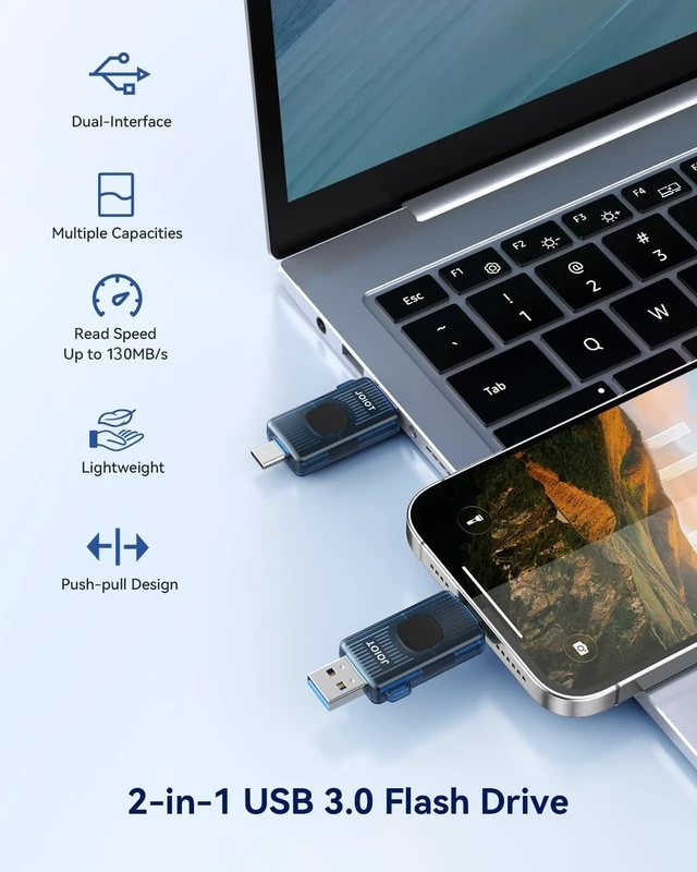 Alt view image 4 of 5 - JOIOT 256GB USB C Flash Drive USB 3.2 Gen 1 up to 130MB/s Retractable, Blue