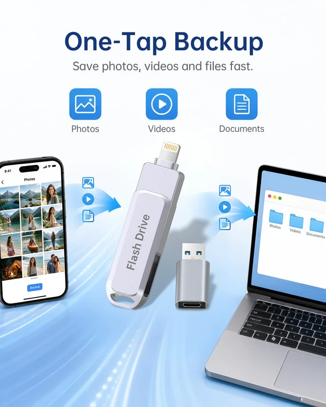 Alt view image 5 of 5 - 512GB MFi Certified Photo Stick for iPhone Flash Drive, 3 in 1 USB Memory Stick Thumb Drive(Gray) for iPhone/iPad/Android/Mac/PC, Picture Keeper for Photos & Files Storage with ~484GB Available Space