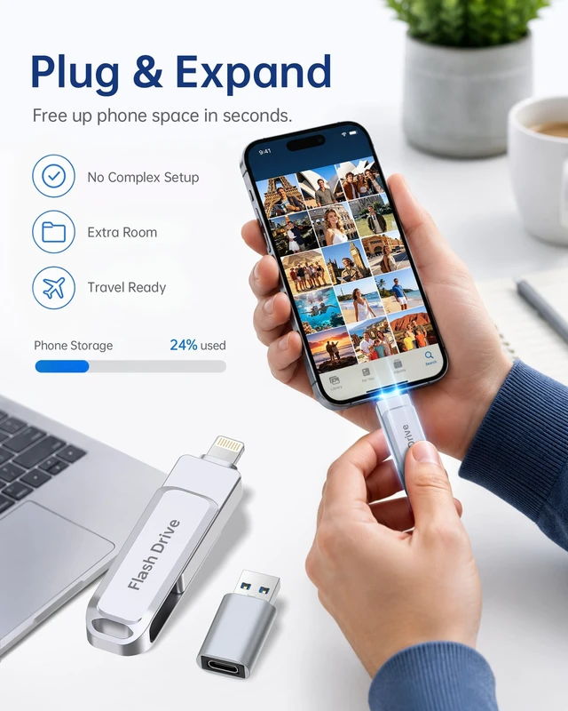 Alt view image 3 of 5 - 512GB MFi Certified Photo Stick for iPhone Flash Drive, 3 in 1 USB Memory Stick Thumb Drive(Gray) for iPhone/iPad/Android/Mac/PC, Picture Keeper for Photos & Files Storage with ~484GB Available Space