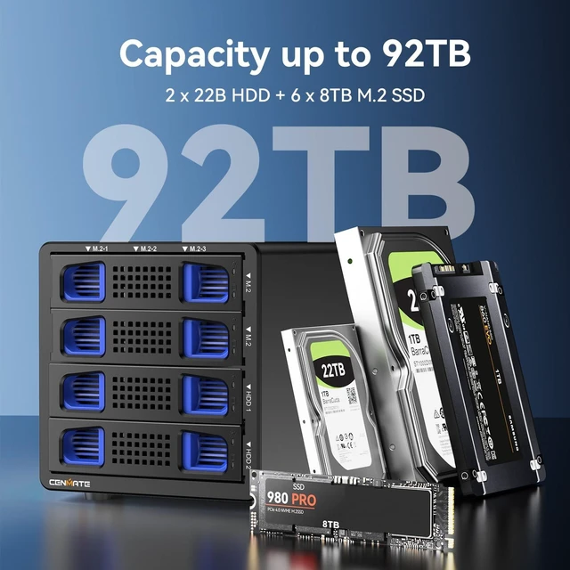 Alt view image 2 of 5 - CENMATE Hybrid 2*2.5/3.5" SATA HDD/SSD+6* M / B+M Key M.2 NVMe Enclosure with Cooling Fan and USB A/C 3.2 Gen 2, Hard Drive Enclosure Support 92TB(2*22TB HDD+6*8TB 2230/2242/2260/2280/22110 SSDs)