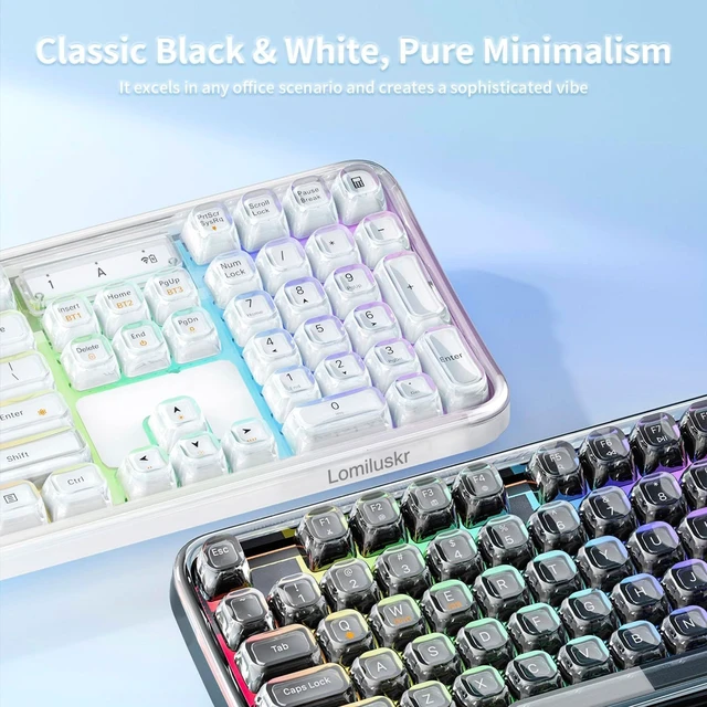 Alt view image 3 of 5 - Lomiluskr RGB Arc Wireless Keyboard, BT/2.4G/Wired Tri-Mode, Full Size Crystal Texture Translucent Keycaps, 2000mAh Rechargeable, Compatible with PC/Notebook/Tablet/Smartphone (White)