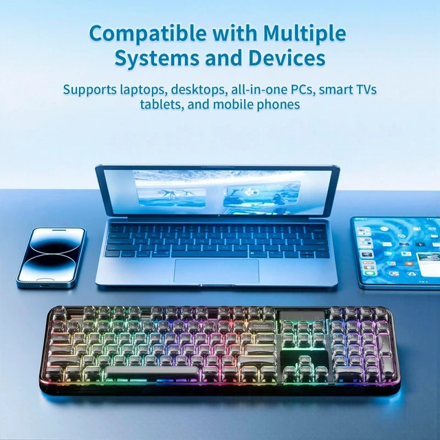 Alt view image 5 of 5 - Lomiluskr RGB Arc Wireless Keyboard, BT/2.4G/Wired Tri-Mode, Full Size Crystal Texture Translucent Keycaps, 2000mAh Rechargeable, Compatible with PC/Notebook/Tablet/Smartphone (White)