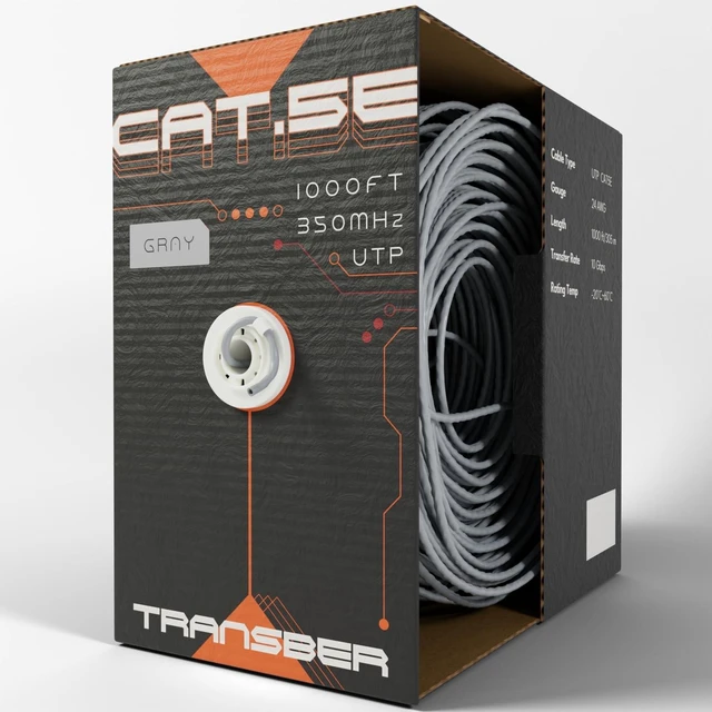 Main image of Transber, CAT5e 1000ft Ethernet Cable Solid UTP Up to 10Gbps 350Mhz 24AWG 4x2 Pair Bulk Cable Network PoE++/4PPoE LAN Wire 1000-feet Easy Pull Box (Gray)