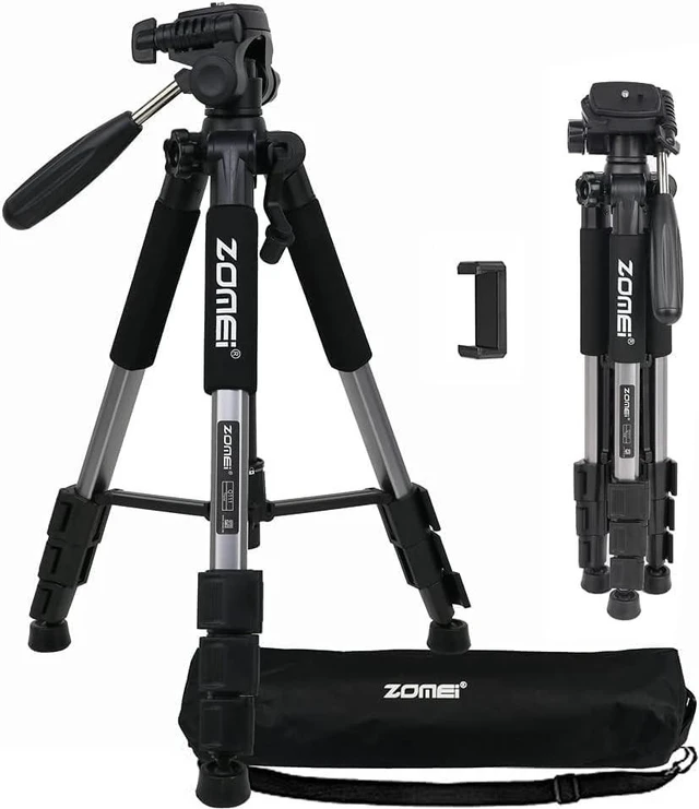 Main image of Camera Tripod, ZOMEI Q111 55-inch Smartphone Tripod Flexible Aluminum Travel Tripod with 3-Way Pan Head and Phone Holder, for Photography YouTube Smartphones Cameras and LED Ring Light (Silver)