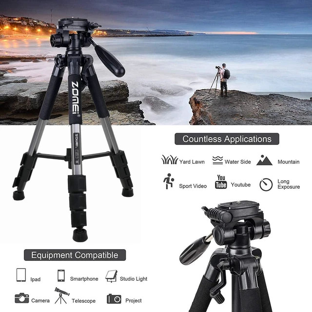 Alt view image 2 of 5 - Camera Tripod, ZOMEI Q111 55-inch Smartphone Tripod Flexible Aluminum Travel Tripod with 3-Way Pan Head and Phone Holder, for Photography YouTube Smartphones Cameras and LED Ring Light (Silver)
