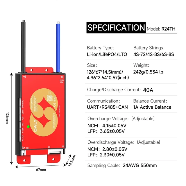 Alt view image 2 of 5 - DALY BMS 12V-24V 40A Built-in 1A Active Balancer Bluetooth RS485 CAN