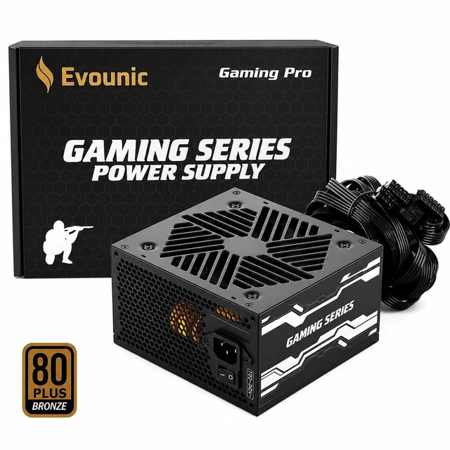 Main image of Evounic 800W Gaming Power Supply, ATX 3.1 PSU, GPUs, semi-Passive 120mm Fan, LLC Technology, Single Rail, for Overclocked GPUs