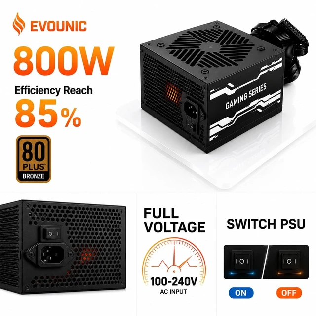 Alt view image 2 of 5 - Evounic 800W Gaming Power Supply, ATX 3.1 PSU, GPUs, semi-Passive 120mm Fan, LLC Technology, Single Rail, for Overclocked GPUs