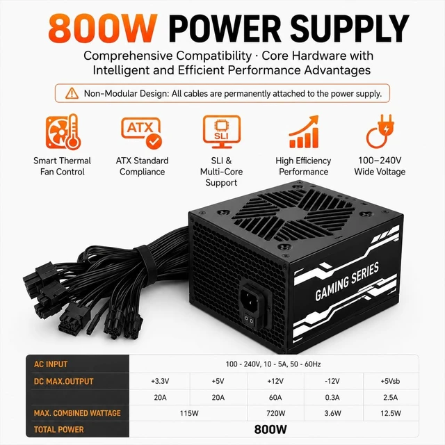 Alt view image 3 of 5 - Evounic 800W Gaming Power Supply, ATX 3.1 PSU, GPUs, semi-Passive 120mm Fan, LLC Technology, Single Rail, for Overclocked GPUs