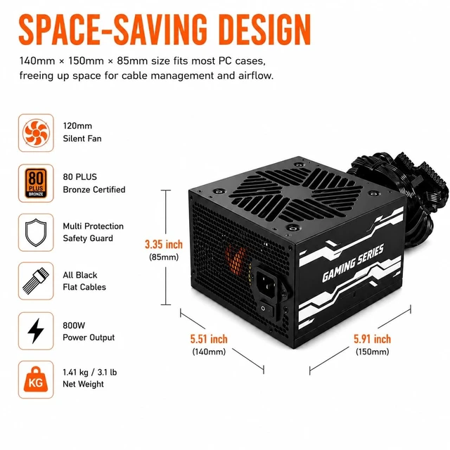 Alt view image 5 of 5 - Evounic 800W Gaming Power Supply, ATX 3.1 PSU, GPUs, semi-Passive 120mm Fan, LLC Technology, Single Rail, for Overclocked GPUs