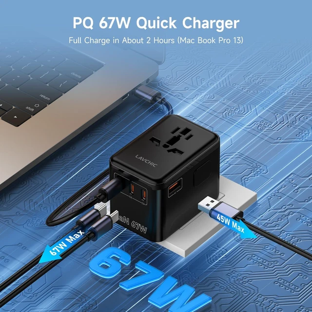 Alt view image 3 of 5 - LAVCHIC 67W GaN Universal Travel Adapter 5-in-1 International Power Adapter