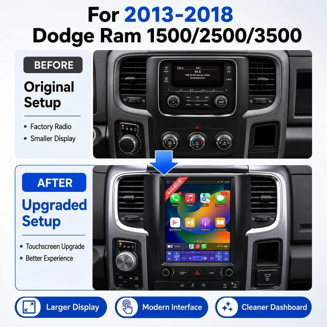 Alt view image 2 of 5 - 9.7" T-Style Car Radio for 2013-2018 Dodge Ram 1500 2500 3500 8Core-Head Unit 4GB+64GB with CarPlay/Android Auto Touch Screen with 1080P Backup Camera Stereo Upgradefor A/C 7-Speed Fan