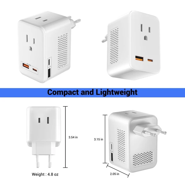 Alt view image 2 of 5 - SARQW 220V to 110V Voltage Conversion Plug Adapter for Traveling from USA to Europe with 2 USB and 2 USBC Ports PD 20 W, 2 AC Outlets International Power Adapter