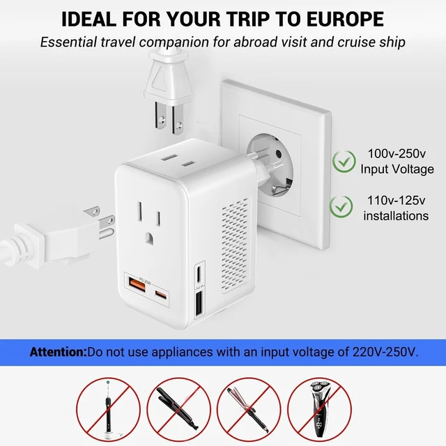 Alt view image 5 of 5 - SARQW 220V to 110V Voltage Conversion Plug Adapter for Traveling from USA to Europe with 2 USB and 2 USBC Ports PD 20 W, 2 AC Outlets International Power Adapter