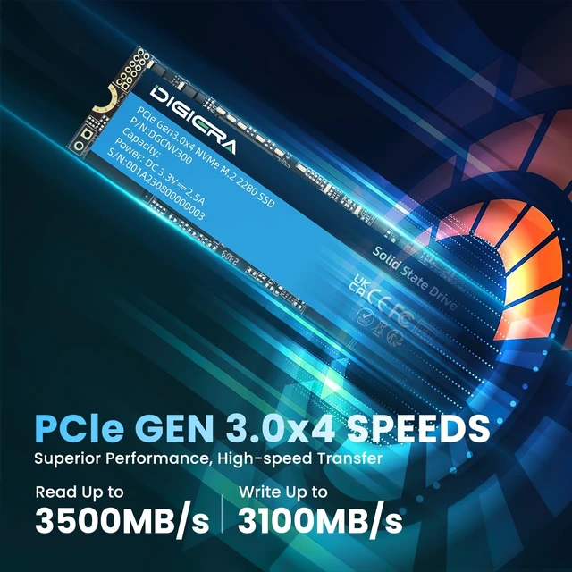 Alt view image 2 of 5 - DIGIERA CNV300 Internal SSD PCIe Gen 3.0x4 NVMe M.2 2280, 512GB Space Up to 3500MB/s Read 3100MB/s Write with High Durability Premium Flash, Compatible with Laptop Desktop PC