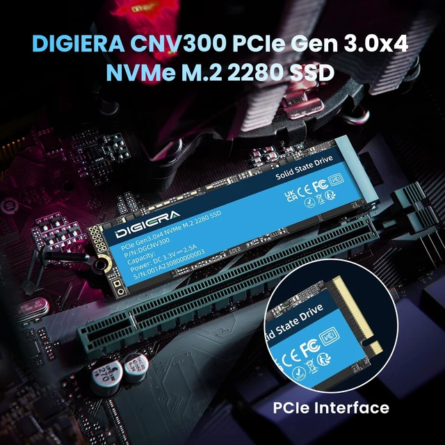 Alt view image 3 of 5 - DIGIERA CNV300 Internal SSD PCIe Gen 3.0x4 NVMe M.2 2280, 512GB Space Up to 3500MB/s Read 3100MB/s Write with High Durability Premium Flash, Compatible with Laptop Desktop PC