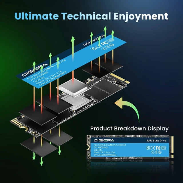 Alt view image 4 of 5 - DIGIERA CNV300 Internal SSD PCIe Gen 3.0x4 NVMe M.2 2280, 512GB Space Up to 3500MB/s Read 3100MB/s Write with High Durability Premium Flash, Compatible with Laptop Desktop PC