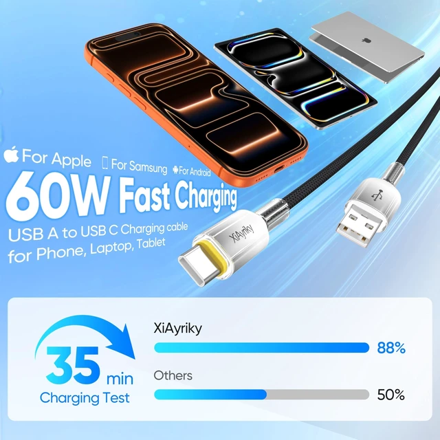 Alt view image 2 of 5 - 10FT USB A to USB C Cable 5-Pack, 60W Fast Charging Long Type-C Cord