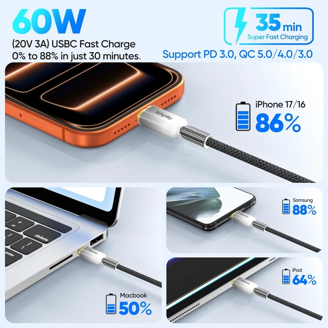 Alt view image 5 of 5 - 10FT USB A to USB C Cable 5-Pack, 60W Fast Charging Long Type-C Cord