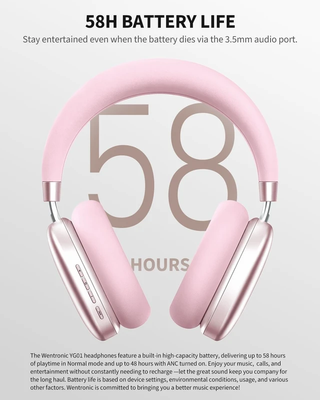Alt view image 4 of 5 - Wentronic YG01 Wireless Over-Ear Headphones, Active Noise Cancelling, Up to 58H Battery Life, Bluetooth 5.3, Great for Travel & Office, USB-C Lossless Audio, Microphone for iPhone Android - Pin
