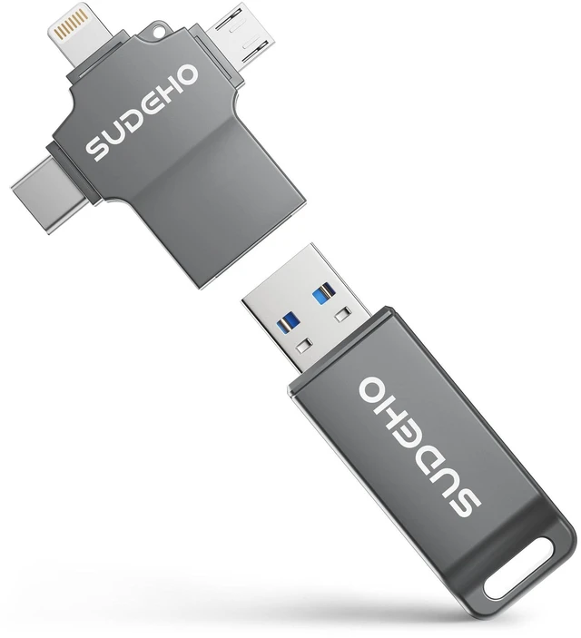 Main image of Flash Drive for iPhone, 4 in 1 External Thumb Drive for Picture Video Data Backup, High Speed Memory Stick USB Drive for iPhone/iPad/Android/PC (Gun Black)