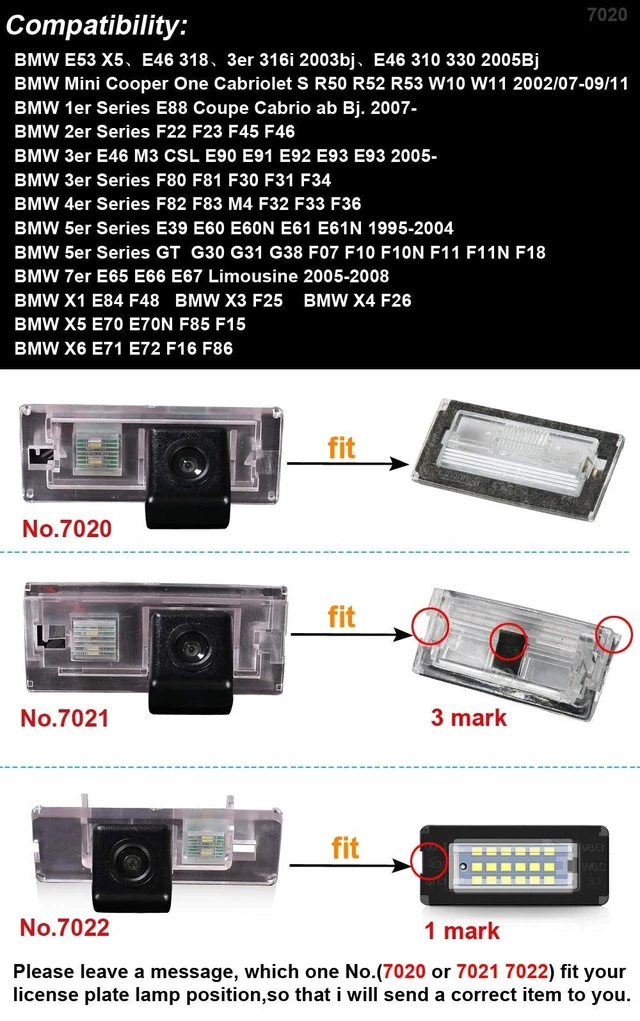 Alt view image 3 of 5 - Waterproof Car Rear View Backup License Plate Light Camera Night Vision for BMW E53 X5 E46 318 3er 316i 2003bj E46 310 330 2005Bj/X1 E84 F48/X3 F25/X4 F26/X5 E70 E70N F85 F15/X6 E71 E72 F16 F86