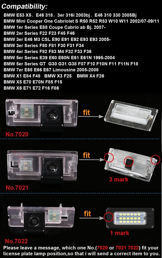 Alt view image 4 of 5 - Waterproof Car Rear View Backup License Plate Light Camera Night Vision for BMW E53 X5 E46 318 3er 316i 2003bj E46 310 330 2005Bj/X1 E84 F48/X3 F25/X4 F26/X5 E70 E70N F85 F15/X6 E71 E72 F16 F86