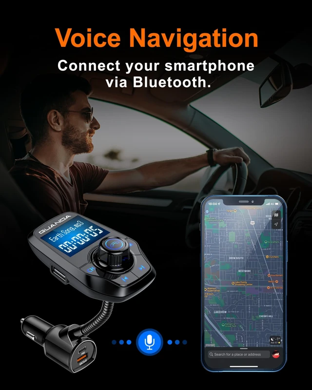 Alt view image 2 of 5 - Bluetooth FM Transmitter for Car, 1.44" Display, AUX in/Out, USB-C PD 30W