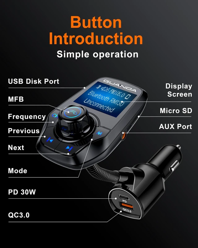 Alt view image 5 of 5 - Bluetooth FM Transmitter for Car, 1.44" Display, AUX in/Out, USB-C PD 30W