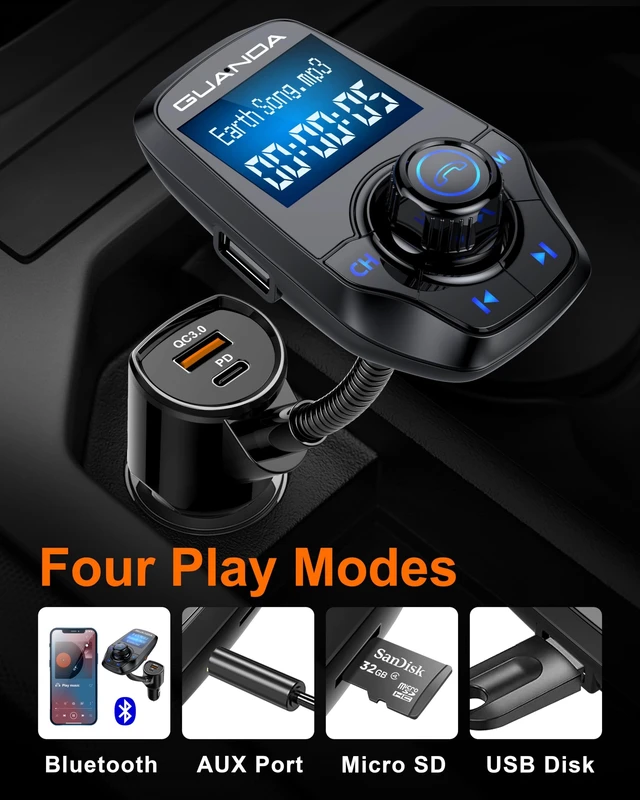 Alt view image 4 of 5 - Bluetooth FM Transmitter for Car, 1.44" Display, AUX in/Out, USB-C PD 30W