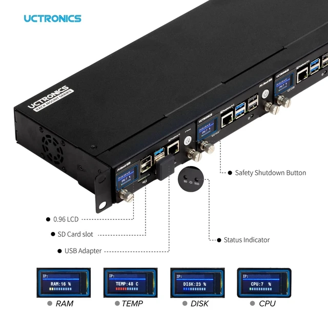 Alt view image 3 of 5 - UCTRONICS Raspberry Pi Rack Pro, 2 M.2 NVMe SSD Base for Pi5, 2 x SATA Shields for Pi4, with 4pcs Safe Shutdown and 0.96" Color LCD