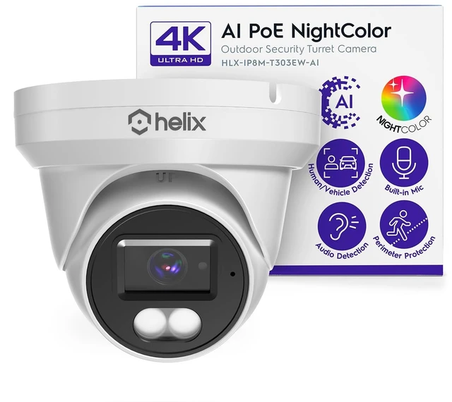 Main image of Helix 4K/8-MP Security AI IP PoE Camera, 98ft Night Color, Human Detection, NDAA Compliant, Indoor Outdoor Surveillance Turret, Built in Mic, Support 256GB MicroSD, Deterrent, HLX-IP8M-T303EW-AI