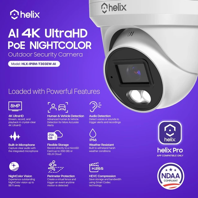 Alt view image 2 of 5 - Helix 4K/8-MP Security AI IP PoE Camera, 98ft Night Color, Human Detection, NDAA Compliant, Indoor Outdoor Surveillance Turret, Built in Mic, Support 256GB MicroSD, Deterrent, HLX-IP8M-T303EW-AI